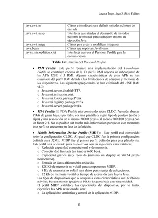 Java a Tope. Java 2 Micro Edition


java.awt.im                    Clases e interfaces para definir métodos editores de
                               entrada
java.awt.im.spi                Interfaces que añaden el desarrollo de métodos
                               editores de entrada para cualquier entorno de
                               ejecución Java
java.awt.image                 Clases para crear y modificar imágenes
java.beans                     Clases que soportan JavaBeans
javax.microedition.xlet        Interfaces que usa el Personal Profile para la
                               comunicación.
                    Tabla 1.4 Librerías del Personal Profile
     • RMI Profile: Este perfil requiere una implementación del Foundation
       Profile se construye encima de él. El perfil RMI soporta un subconjunto de
       las APIs J2SE v1.3 RMI. Algunas características de estas APIs se han
       eliminado del perfil RMI debido a las limitaciones de cómputo y memoria de
       los dispositivos. Las siguientes propiedades se han eliminado del J2SE RMI
       v1.3:
       o Java.rmi.server.disableHTTP.
       o Java.rmi.activation.port.
       o Java.rmi.loader.packagePrefix.
       o Java.rmi.registry.packagePrefix.
       o Java.rmi.server.packagePrefix.
     • PDA Profile: El PDA Profile está construido sobre CLDC. Pretende abarcar
     PDAs de gama baja, tipo Palm, con una pantalla y algún tipo de puntero (ratón o
     lápiz) y una resolución de al menos 20000 pixels (al menos 200x100 pixels) con
     un factor 2:1. No es posible dar mucha más información porque en este momento
     este perfil se encuentra en fase de definición.
     • Mobile Information Device Profile (MIDP): Este perfil está construido
     sobre la configuración CLDC. Al igual que CLDC fue la primera configuración
     definida para J2ME, MIDP fue el primer perfil definido para esta plataforma.
     Este perfil está orientado para dispositivos con las siguientes características:
        o Reducida capacidad computacional y de memoria.
        o Conectividad limitada (en torno a 9600 bps).
        o Capacidad gráfica muy reducida (mínimo un display de 96x54 pixels
        monocromo).
        o Entrada de datos alfanumérica reducida.
        o 128 Kb de memoria no volátil para componentes MIDP.
        o 8 Kb de memoria no volátil para datos persistentes de aplicaciones.
        o 32 Kb de memoria volátil en tiempo de ejecución para la pila Java.
        Los tipos de dispositivos que se adaptan a estas características son: teléfonos
        móviles, buscapersonas (pagers) o PDAs de gama baja con conectividad.
        El perfil MIDP establece las capacidades del dispositivo, por lo tanto,
        especifica las APIs relacionadas con:
        o La aplicación (semántica y control de la aplicación MIDP).


                                       13
 