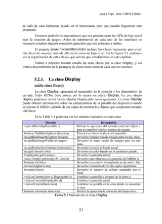 Java a Tope. Java 2 Micro Edition


de salir de casa habíamos dejado en el microondas para que cuando lleguemos esté
preparada.
         Veremos también los mecanismos que nos proporcionan las APIs de bajo nivel
para la creación de juegos. Antes de adentrarnos en cada uno de las interfaces es
necesario estudiar algunos conceptos generales que son comunes a ambas.
          El paquete javax.microedition.lcdui incluye las clases necesarias para crear
interfaces de usuario, tanto de alto nivel como de bajo nivel. En la Figura 5.1 podemos
ver la organización de estas clases, que son las que estudiaremos en este capítulo.
        Vamos a empezar nuestro estudio de estas clases por la clase Display, y así
iremos descendiendo en la jerarquía de clases hasta estudiar cada una en concreto.


         5.2.1.      La clase Display
         public class Display
         La clase Display representa el manejador de la pantalla y los dispositivos de
entrada. Todo MIDlet debe poseer por lo menos un objeto Display. En este objeto
Display podemos incluir tantos objetos Displayable como queramos. La clase Display
puede obtener información sobre las características de la pantalla del dispositivo donde
se ejecute el MIDlet, además de ser capaz de mostrar los objetos que componen nuestras
interfaces.
         En la Tabla 5.1 podemos ver los métodos incluidos en esta clase
                   Métodos                                      Descripción
 void callSerially(Runnable r)             Retrasa la ejecución del método run() del objeto r
                                           para no interferir con los eventos de usuario.
 boolean flashBacklight(int duracion)      Provoca un efecto de flash en la pantalla.
 int getBestImageHeight(int imagen)        Devuelve el mejor alto de imagen para un tipo dado.
 int getBestImageWidth(int imagen)         Devuelve el mejor ancho de imagen para un tipo
                                           dado.
 int getBorderStyle(bolean luminosidad)    Devuelve el estilo de borde actual.
 int getColor(int color)                   Devuelve un color basado en el parámetro pasado.
 Displayable getCurrent()                  Devuelve la pantalla actual.
 static Display getDisplay(MIDlet m)       Devuelve una referencia a la pantalla del MIDlet m.
 boolean isColor()                         Devuelve true o false si la pantalla es de color o b/n.
 int numAlphaLevels()                      Devuelve el número de niveles alpha soportados.
 int numColors()                           Devuelve el número de colores aceptados por el
                                           MID.
 void setCurrent(Alert a, Displayable d)   Establece la pantalla d despues de la alerta a
 void setCurrent(Displayable d)            Establece la pantalla actual
 void setCurrent(Item item)                Establece la pantalla en la zona dónde se encuentre
                                           el item
 boolean vibrate(int duracion)             Realiza la operación de vibración del dispositivo.
                         Tabla 5.1 Métodos de la clase Display



                                            53
 