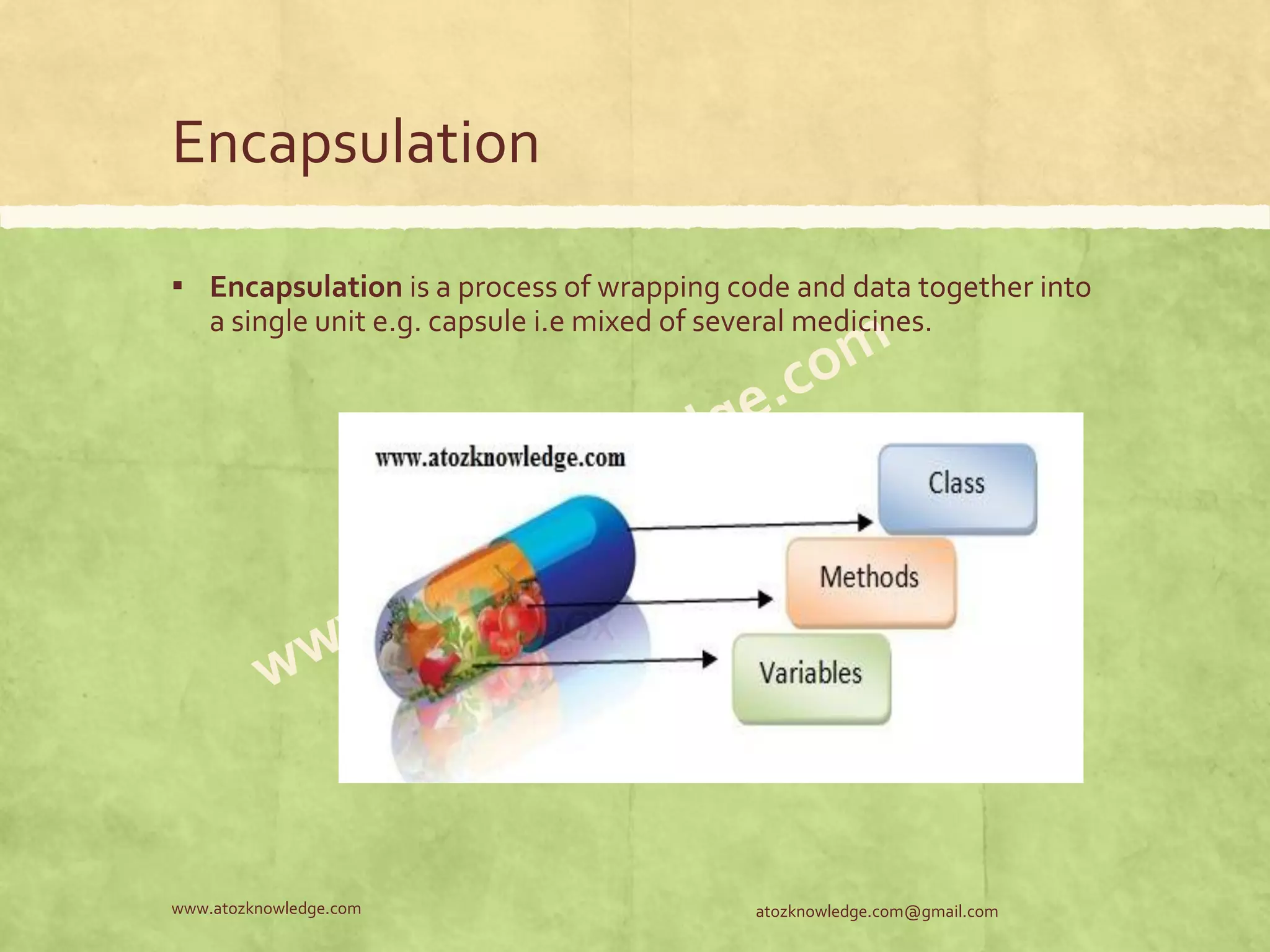 Encapsulation ▪ Encapsulation is a process of wrapping code and data together into a single unit e.g. capsule i.e mixed of several medicines. atozknowledge.com@gmail.comwww.atozknowledge.com 