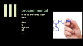 procedimental
III foca-se em como fazer
algo.
Java
C
Python
C#
…
 