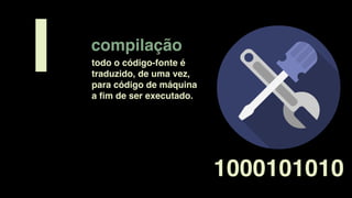 compilação
1000101010
I todo o código-fonte é
traduzido, de uma vez,
para código de máquina
a ﬁm de ser executado.
 