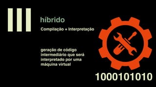 híbrido
III
1000101010
Compilação + Interpretação
geração de código
intermediário que será
interpretado por uma
máquina virtual
 
