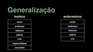 Generalização
nome
endereço
telefone
salário
CRM
especialidade
consultas
nome
endereço
telefone
salário
CRE
médico enfermeiros
 