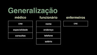 Generalização
CRM
especialidade
consultas
CRE
médico enfermeiros
nome
endereço
telefone
salário
funcionário
 