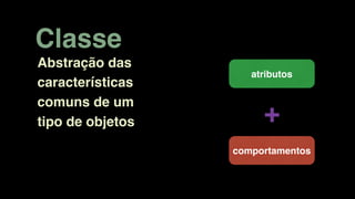 Abstração das
características
comuns de um
tipo de objetos
Classe
atributos
comportamentos
+
 