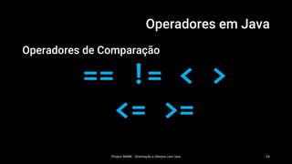 Operadores em Java
Operadores de Comparação
== != < >
<= >=
Project MARK - Orientação a Obejtos com Java 54
 