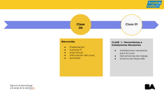 Bienvenida
● Presentación
● Carreras IT
● Aula Virtual
● Información del curso
● Actividad
CLASE 1 - Herramientas e
Instalaciones Necesarias
● Instalaciones necesarias
para el curso.
● Herramientas de trabajo.
● Entorno de Desarrollo.
Clase
00
Clase 01
 