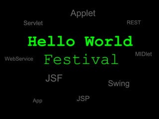 Hello World Festival App Swing Servlet Applet JSP MIDlet JSF WebService REST 