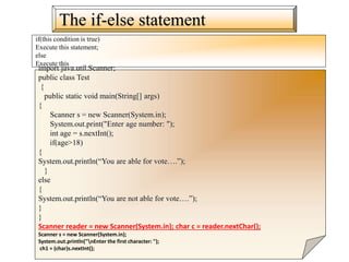 The if-else statement
if(this condition is true)
Execute this statement;
else
Execute this
import java.util.Scanner;
public class Test
{
public static void main(String[] args)
{
Scanner s = new Scanner(System.in);
System.out.print("Enter age number: ");
int age = s.nextInt();
if(age>18)
{
System.out.println(“You are able for vote….”);
}
else
{
System.out.println(“You are not able for vote….”);
}
}
Scanner reader = new Scanner(System.in); char c = reader.nextChar();
Scanner s = new Scanner(System.in);
System.out.println("nEnter the first character: ");
ch1 = (char)s.nextInt();
 