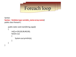 Foreach loop
Syntax:
Syntax : for(data-type variable_name:array-name)
public class Foreach {
public static void main(String args[])
{
int[] a={10,20,30,40,50};
for(int x:a)
{
System.out.println(x);
}
}
}
 
