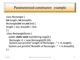 class Rectangle {
int length; int breadth;
Rectangle(int len,int bre) {
length = len; breadth = bre;
} }
class RectangleDemo {
public static void main(String args[]) {
Rectangle r1 = new Rectangle(20,10);
System.out.println("Length of Rectangle : " + r1.length);
System.out.println("Breadth of Rectangle : " + r1.breadth);
} }
2/3/2015 Object Oriented Programming using JAVA 65
Parameterized constructor: example
 