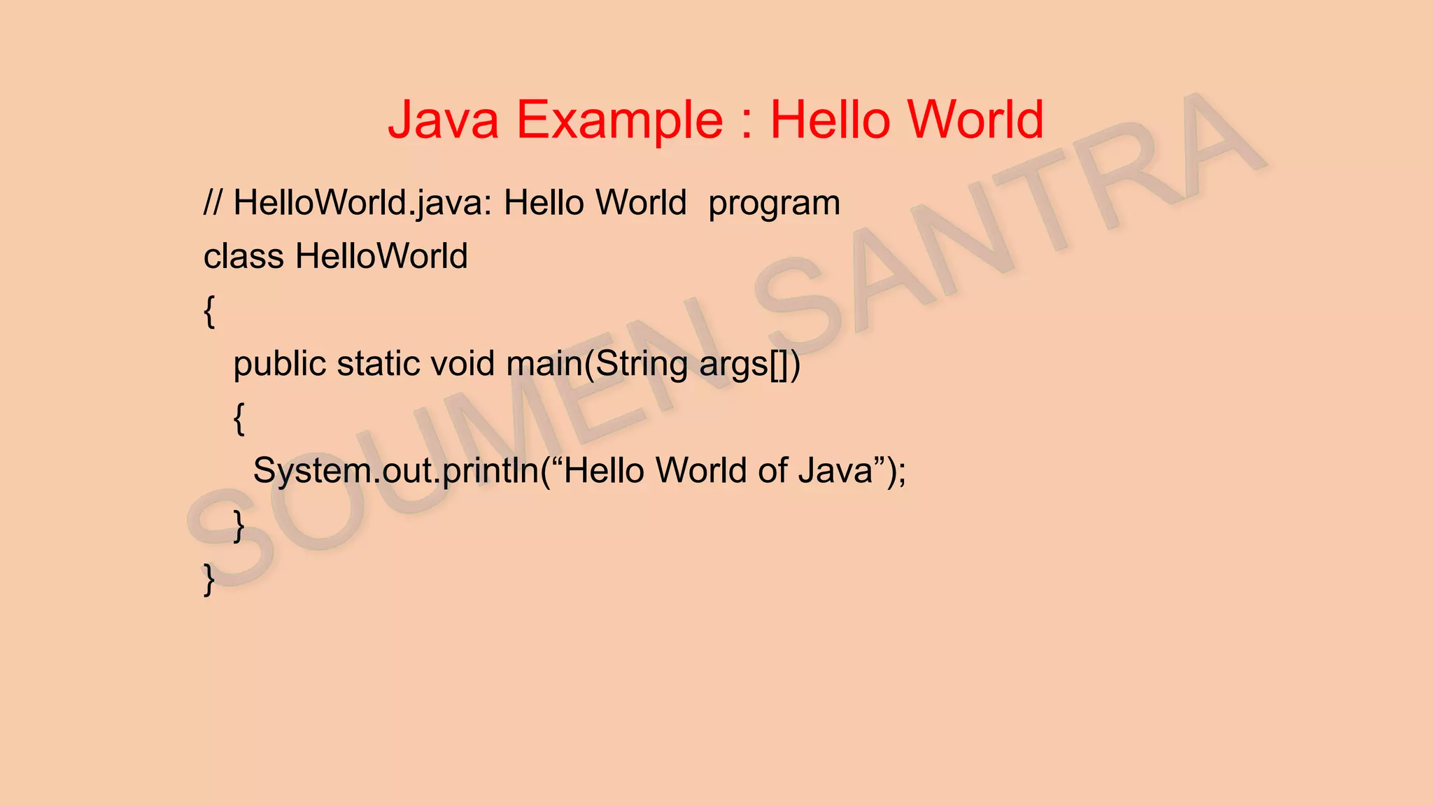Java Example : Hello World // HelloWorld.java: Hello World program class HelloWorld { public static void main(String args[]) { System.out.println(“Hello World of Java”); } } 