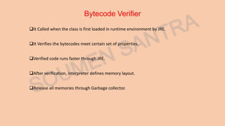 Bytecode Verifier
It Called when the class is first loaded in runtime environment by JRE.
It Verifies the bytecodes meet certain set of properties.
Verified code runs faster through JRE.
After verification, interpreter defines memory layout.
Release all memories through Garbage collector.
 