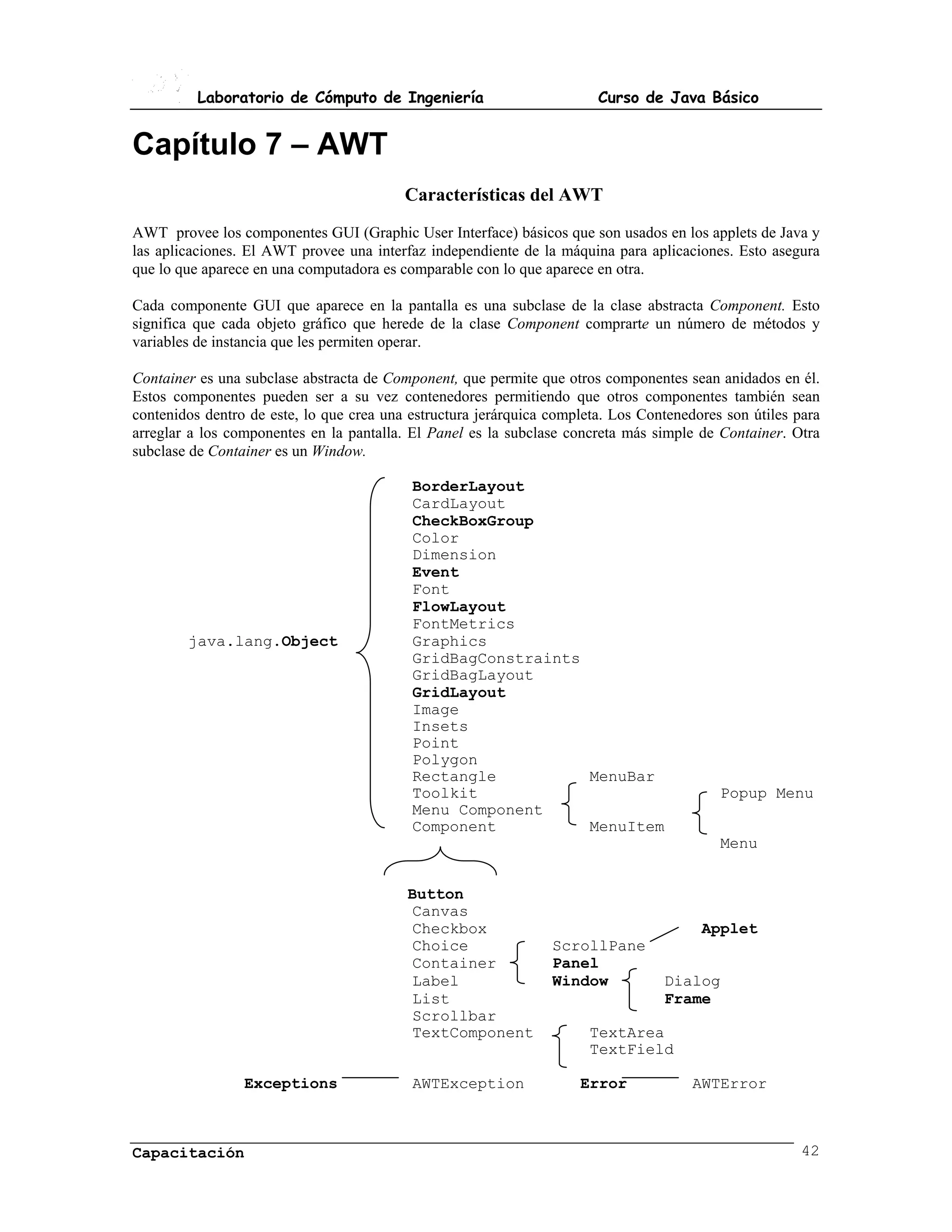 Laboratorio de Cómputo de Ingeniería                          Curso de Java Básico


Capítulo 7 – AWT
                                          Características del AWT
AWT provee los componentes GUI (Graphic User Interface) básicos que son usados en los applets de Java y
las aplicaciones. El AWT provee una interfaz independiente de la máquina para aplicaciones. Esto asegura
que lo que aparece en una computadora es comparable con lo que aparece en otra.

Cada componente GUI que aparece en la pantalla es una subclase de la clase abstracta Component. Esto
significa que cada objeto gráfico que herede de la clase Component comprarte un número de métodos y
variables de instancia que les permiten operar.

Container es una subclase abstracta de Component, que permite que otros componentes sean anidados en él.
Estos componentes pueden ser a su vez contenedores permitiendo que otros componentes también sean
contenidos dentro de este, lo que crea una estructura jerárquica completa. Los Contenedores son útiles para
arreglar a los componentes en la pantalla. El Panel es la subclase concreta más simple de Container. Otra
subclase de Container es un Window.

                                           BorderLayout
                                           CardLayout
                                           CheckBoxGroup
                                           Color
                                           Dimension
                                           Event
                                           Font
                                           FlowLayout
                                           FontMetrics
        java.lang.Object                   Graphics
                                           GridBagConstraints
                                           GridBagLayout
                                           GridLayout
                                           Image
                                           Insets
                                           Point
                                           Polygon
                                           Rectangle          MenuBar
                                           Toolkit                                         Popup Menu
                                           Menu Component
                                           Component          MenuItem
                                                                                           Menu


                                          Button
                                          Canvas
                                          Checkbox                                      Applet
                                          Choice                 ScrollPane
                                          Container              Panel
                                          Label                  Window           Dialog
                                          List                                    Frame
                                          Scrollbar
                                          TextComponent                TextArea
                                                                       TextField

                 Exceptions                AWTException              Error             AWTError



Capacitación                                                                                            42
 