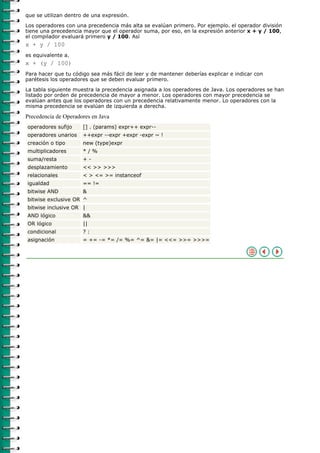 que se utilizan dentro de una expresión.
Los operadores con una precedencia más alta se evalúan primero. Por ejemplo. el operador división
tiene una precedencia mayor que el operador suma, por eso, en la expresión anterior x + y / 100,
el compilador evaluará primero y / 100. Así
x + y / 100
es equivalente a.
x + (y / 100)
Para hacer que tu código sea más fácil de leer y de mantener deberías explicar e indicar con
parétesis los operadores que se deben evaluar primero.

La tabla siguiente muestra la precedencia asignada a los operadores de Java. Los operadores se han
listado por orden de precedencia de mayor a menor. Los operadores con mayor precedencia se
evalúan antes que los operadores con un precedencia relativamente menor. Lo operadores con la
misma precedencia se evalúan de izquierda a derecha.

Precedencia de Operadores en Java
operadores sufijo     [] . (params) expr++ expr--
operadores unarios    ++expr --expr +expr -expr ~ !
creación o tipo       new (type)expr
multiplicadores       */%
suma/resta            +-
desplazamiento        << >> >>>
relacionales          < > <= >= instanceof
igualdad              == !=
bitwise AND           &
bitwise exclusive OR ^
bitwise inclusive OR |
AND lógico            &&
OR lógico             ||
condicional           ?:
asignación            = += -= *= /= %= ^= &= |= <<= >>= >>>=
 