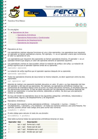 TutorJava recomienda...




TutorJava Nivel Básico



En esta página:
    q   Operadores de Java
           r   Operadores Aritméticos
           r   Operadores Relacionales y Condicionales
           r   Operadores de Desplazamiento
           r   Operadores de Asignación



Operadores de Java
Los operadores realizan algunas funciones en uno o dos operandos. Los operadores que requieren
un operador se llaman operadores unarios. Por ejemplo, ++ es un operador unario que incrementa
el valor su operando en uno.

Los operadores que requieren dos operandos se llaman operadores binarios. El operador = es un
operador binario que asigna un valor del operando derecho al operando izquierdo.

Los operadores unarios en Java pueden utilizar la notación de prefijo o de sufijo. La notación de
prefijo significa que el operador aparece antes de su operando.
operador operando
La notación de sufijo significa que el operador aparece después de su operando:
operando operador
Todos los operadores binarios de Java tienen la misma notación, es decir aparencen entre los dos
operandos:
op1 operator op2
Además de realizar una operación también devuelve un valor. El valor y su tipo dependen del tipo
del operador y del tipo de sus operandos. Por ejemplo, los operadores aritméticos (realizan las
operaciones de aritmética básica como la suma o la resta) devuelven números, el resultado típico de
las operaciones aritmétcias. El tipo de datos devuelto por los operadores aritméticos depende del
tipo de sus operandos: si sumas dos enteros, obtendrás un entero. Se dice que una operación
evalúa su resultado.

Es muy útil dividir los operadores Java en las siguientes categorías: aritméticos, relacionales y
condicionales. lógicos y de desplazamiento y de asignación.

Operadores Aritméticos
El lenguaje Java soporta varios operadores aritéticos - incluyendo + (suma), - (resta), *
(multiplicación), / (división), y % (módulo)-- en todos los números enteros y de coma flotante. Por
ejemplo, puedes utilizar este código Java para sumar dos números:
sumaEsto + aEsto
O este código para calcular el resto de una división:
divideEsto % porEsto
Esta tabla sumariza todas las operaciones aritméticas binarias en Java.
Operador Uso               Descripción
+              op1 + op2 Suma op1 y op2
-              op1 - op2   Resta op2 de op1
*              op1 * op2   Multiplica op1 y op2
/              op1 / op2   Divide op1 por op2
 