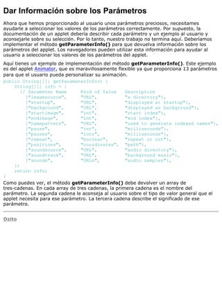 Dar Información sobre los Parámetros
Ahora que hemos proporcionado al usuario unos parámetros preciosos, necesitames
ayudarle a seleccionar los valores de los parámetros correctamente. Por supuesto, la
documentación de un applet debería describir cada parámetro y un ejemplo al usuario y
aconsejarle sobre su selección. Por lo tanto, nuestro trabajo no termina aquí. Deberíamos
implementar el método getParameterInfo() para que devuelva información sobre los
parámetros del applet. Los navegadores pueden utilizar esta información para ayudar al
usuario a seleccionar los valores de los parámetros del applet.
Aquí tienes un ejemplo de implementación del método getParameterInfo(). Este ejemplo
es del applet Animator, que es maravillosamente flexible ya que proporciona 13 parámetros
para que el usuario pueda personalizar su animación.
public String[][] getParameterInfo() {
String[][] info = {
// Parameter Name Kind of Value Description
{"imagesource", "URL", "a directory"},
{"startup", "URL", "displayed at startup"},
{"background", "URL", "displayed as background"},
{"startimage", "int", "start index"},
{"endimage", "int", "end index"},
{"namepattern", "URL", "used to generate indexed names"},
{"pause", "int", "milliseconds"},
{"pauses", "ints", "milliseconds"},
{"repeat", "boolean", "repeat or not"},
{"positions", "coordinates", "path"},
{"soundsource", "URL", "audio directory"},
{"soundtrack", "URL", "background music"},
{"sounds", "URLs", "audio samples"},
};
return info;
}
Como puedes ver, el método getParameterInfo() debe devolver un array de
tres-cadenas. En cada array de tres cadenas, la primera cadena es el nombre del
parámetro. La segunda cadena le aconseja al usuario sobre el tipo de valor general que el
applet necesita para ese parámetro. La tercera cadena describe el significado de ese
parámetro.
Ozito
 