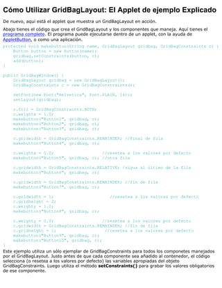 Cómo Utilizar GridBagLayout: El Applet de ejemplo Explicado
De nuevo, aquí está el applet que muestra un GridBagLayout en acción.
Abajo tienes el código que crea el GridBagLayout y los componentes que maneja. Aquí tienes el
programa completo. El programa puede ejecutarse dentro de un applet, con la ayuda de
AppletButton, o como una aplicación.
protected void makebutton(String name, GridBagLayout gridbag, GridBagConstraints c) {
Button button = new Button(name);
gridbag.setConstraints(button, c);
add(button);
}
public GridBagWindow() {
GridBagLayout gridbag = new GridBagLayout();
GridBagConstraints c = new GridBagConstraints();
setFont(new Font("Helvetica", Font.PLAIN, 14));
setLayout(gridbag);
c.fill = GridBagConstraints.BOTH;
c.weightx = 1.0;
makebutton("Button1", gridbag, c);
makebutton("Button2", gridbag, c);
makebutton("Button3", gridbag, c);
c.gridwidth = GridBagConstraints.REMAINDER; //Final de fila
makebutton("Button4", gridbag, c);
c.weightx = 0.0; //resetea a los valores por defecto
makebutton("Button5", gridbag, c); //otra fila
c.gridwidth = GridBagConstraints.RELATIVE; /sigua al último de la fila
makebutton("Button6", gridbag, c);
c.gridwidth = GridBagConstraints.REMAINDER; //fin de fila
makebutton("Button7", gridbag, c);
c.gridwidth = 1; //resetea a los valores por defecto
c.gridheight = 2;
c.weighty = 1.0;
makebutton("Button8", gridbag, c);
c.weighty = 0.0; //resetea a los valores por defecto
c.gridwidth = GridBagConstraints.REMAINDER; //fin de fila
c.gridheight = 1; //resetea a los valores por defecto
makebutton("Button9", gridbag, c);
makebutton("Button10", gridbag, c);
}
Este ejemplo utiliza un sólo ejemplar de GridBagConstraints para todos los componetes manejados
por el GridBagLayout. Justo antes de que cada componente sea añadido al contenedor, el código
selecciona (o resetea a los valores por defecto) las variables apropiadas del objeto
GridBagConstraints. Luego utiliza el método setConstraints() para grabar los valores obligatorios
de ese componente.
 