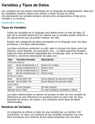 Variables y Tipos de Datos
Las variables son las partes importantes de un lenguaje de programación: ellas son
las entidades (valores, datos) que actúan y sobre las que se actúa.
Una declaración de variable siempre contiene dos componentes, el tipo de la
variable y su nombre:
tipoVariable nombre;
Tipos de Variables
Todas las variables en el lenguaje Java deben tener un tipo de dato. El
tipo de la variable determina los valores que la variable puede contener y
las operaciones que se pueden realizar con ella.
Existen dos categorias de datos principales en el lenguaje Java: los tipos
primitivos y los tipos referenciados.
Los tipos primitivos contienen un sólo valor e incluyen los tipos como los
enteros, coma flotante, los caracteres, etc... La tabla siguiente muestra
todos los tipos primitivos soportados por el lenguaje Java, su formato, su
tamaño y una breve descripción de cada uno:
Tipo Tamaño/Formato Descripción
(Números enteros)
byte 8-bit complemento a 2 Entero de un Byte
short 16-bit complemento a 2 Entero corto
int 32-bit complemento a 2 Entero
long 64-bit complemento a 2 Entero largo
(Números reales)
float 32-bit IEEE 754 Coma flotante de precisión simple
double 64-bit IEEE 754 Coma flotante de precisión doble
(otros tipos)
char 16-bit Caracter Un sólo carácter
boolean true o false Un valor booleano (verdadero o falso)
Los tipos referenciados se llaman así porque el valor de una variable de
referencia es una referencia (un puntero) hacia el valor real. En Java
tenemos los arrays, las clases y los interfaces como tipos de datos
referenciados.
Nombres de Variables
Un programa se refiere al valor de una variable por su nombre. Por
convención, en Java, los nombres de las variables empiezan con una
letra minúscula (los nombres de las clases empiezan con una letra
 