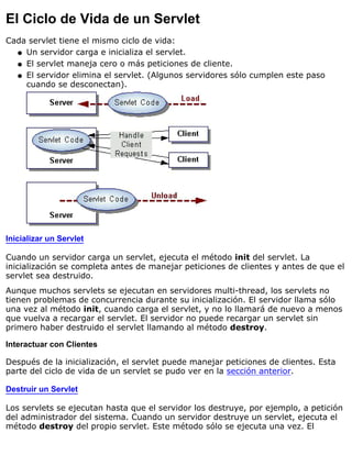 El Ciclo de Vida de un Servlet
Cada servlet tiene el mismo ciclo de vida:
Un servidor carga e inicializa el servlet.q
El servlet maneja cero o más peticiones de cliente.q
El servidor elimina el servlet. (Algunos servidores sólo cumplen este paso
cuando se desconectan).
q
Inicializar un Servlet
Cuando un servidor carga un servlet, ejecuta el método init del servlet. La
inicialización se completa antes de manejar peticiones de clientes y antes de que el
servlet sea destruido.
Aunque muchos servlets se ejecutan en servidores multi-thread, los servlets no
tienen problemas de concurrencia durante su inicialización. El servidor llama sólo
una vez al método init, cuando carga el servlet, y no lo llamará de nuevo a menos
que vuelva a recargar el servlet. El servidor no puede recargar un servlet sin
primero haber destruido el servlet llamando al método destroy.
Interactuar con Clientes
Después de la inicialización, el servlet puede manejar peticiones de clientes. Esta
parte del ciclo de vida de un servlet se pudo ver en la sección anterior.
Destruir un Servlet
Los servlets se ejecutan hasta que el servidor los destruye, por ejemplo, a petición
del administrador del sistema. Cuando un servidor destruye un servlet, ejecuta el
método destroy del propio servlet. Este método sólo se ejecuta una vez. El
 