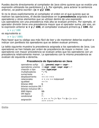 Puedes decirle directamente al compilador de Java cómo quieres que se evalúe una
expresión utilizando los paréntesis ( y ). Por ejemplo, para aclarar la sentencia
anterior, se podría escribir: (x + y)/ 100.
Si no le dices explícitamente al compilador el orden en el que quieres que se
realicen las operaciones, él decide basándose en la precedencia asignada a los
operadores y otros elementos que se utilizan dentro de una expresión.
Los operadores con una precedencia más alta se evalúan primero. Por ejemplo. el
operador división tiene una precedencia mayor que el operador suma, por eso, en
la expresión anterior x + y / 100, el compilador evaluará primero y / 100. Así
x + y / 100
es equivalente a:
x + (y / 100)
Para hacer que tu código sea más fácil de leer y de mantener deberías explicar e
indicar con parétesis los operadores que se deben evaluar primero.
La tabla siguiente muestra la precedencia asignada a los operadores de Java. Los
operadores se han listado por orden de precedencia de mayor a menor. Los
operadores con mayor precedencia se evalúan antes que los operadores con un
precedencia relativamente menor. Lo operadores con la misma precedencia se
evalúan de izquierda a derecha.
Precedencia de Operadores en Java
operadores sufijo [] . (params) expr++ expr--
operadores unarios ++expr --expr +expr -expr ~ !
creación o tipo new (type)expr
multiplicadores * / %
suma/resta + -
desplazamiento << >> >>>
relacionales < > <= >= instanceof
igualdad == !=
bitwise AND &
bitwise exclusive OR ^
bitwise inclusive OR |
AND lógico &&
OR lógico ||
condicional ? :
asignación
= += -= *= /= %= ^= &= |= <<=
>>= >>>=
Ozito
 
