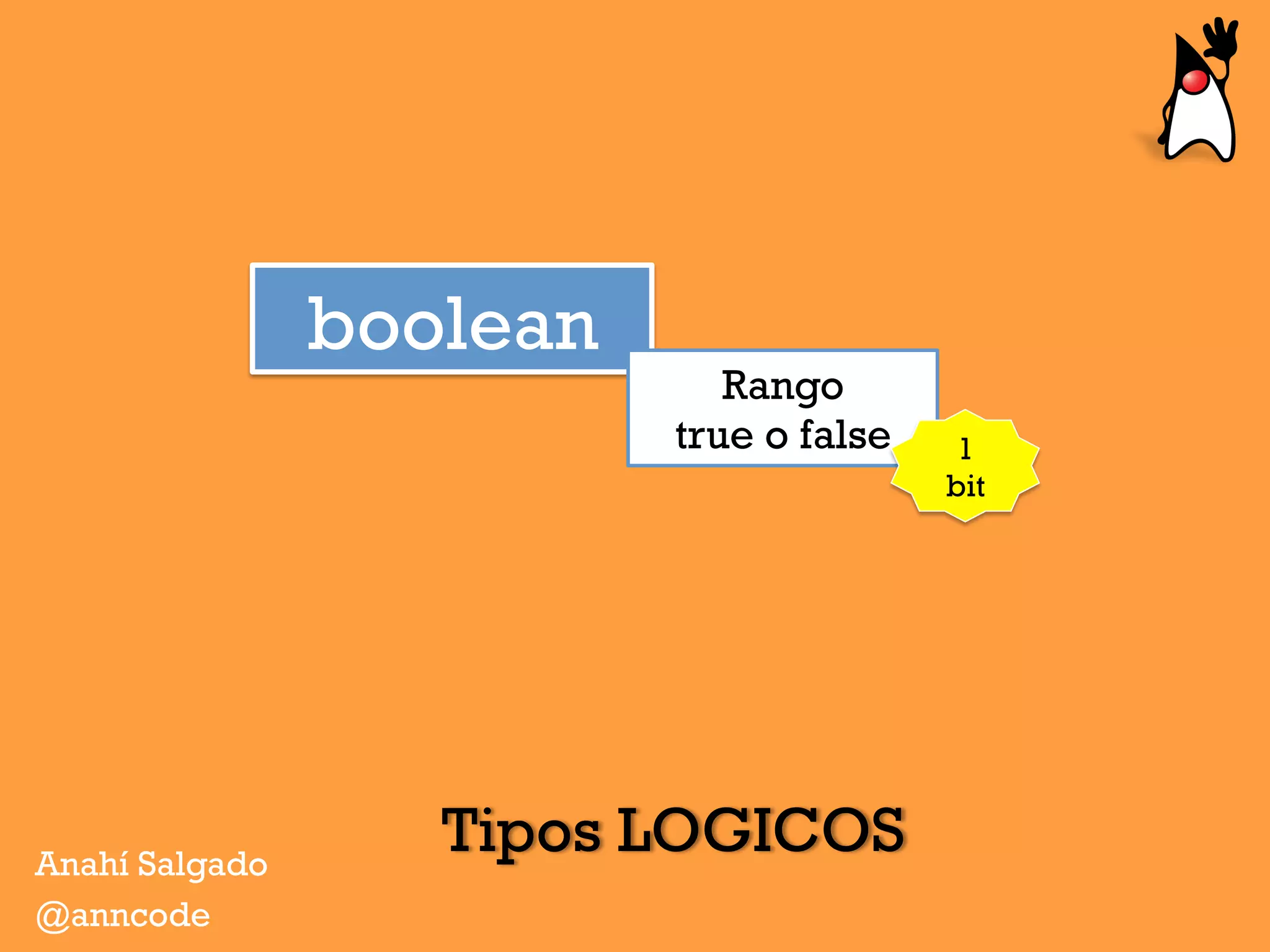 Tipos LOGICOSAnahí Salgado
@anncode
boolean
Rango
true o false 1
bit
 