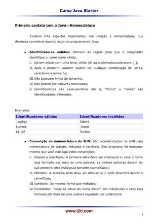 Curso Java Starter


Primeiro contato com o Java - Nomenclatura


          Existem três aspectos importantes, em relação a nomenclatura, que
devemos considerar quando estamos programando Java.


         Identificadores válidos: Definem as regras para que o compilador
          identifique o nome como válido.
          I. Devem iniciar com uma letra, cifrão ($) ou sublinhado/underscore (_);
          II. Após o primeiro caracter podem ter qualquer combinação de letras,
             caracteres e números;
          III.Não possuem limite de tamanho;
          IV. Não podem ser palavras reservadas;
          V. Identificadores   são   case-sensitive   isto   é,   “Nome”   e   “nome”   são
             identificadores diferentes.




Exemplos:

Identificadores válidos                      Identificadores inválidos
_codigo                                      5ident
$turma                                       -idade
$$_5A                                        %valor


         Convenção de nomenclatura da SUN: São recomendações da SUN para
          nomenclatura de classes, métodos e variáveis. Seu programa irá funcionar
          mesmo que você não siga estas convenções.
          I. Classes e interfaces: A primeira letra deve ser maiúscula e, caso o nome
             seja formado por mais de uma palavra, as demais palavras devem ter
             sua primeira letra maiúscula também (camelCase);
          II. Métodos: A primeira letra deve ser minúscula e após devemos aplicar o
             camelCase;
          III.Variáveis: Da mesma forma que métodos;
          IV. Constantes: Todas as letras do nome devem ser maiúsculas e caso seja
             formada por mais de uma palavra separada por underscore.




                                     www.t2ti.com
                                                                                          8
 