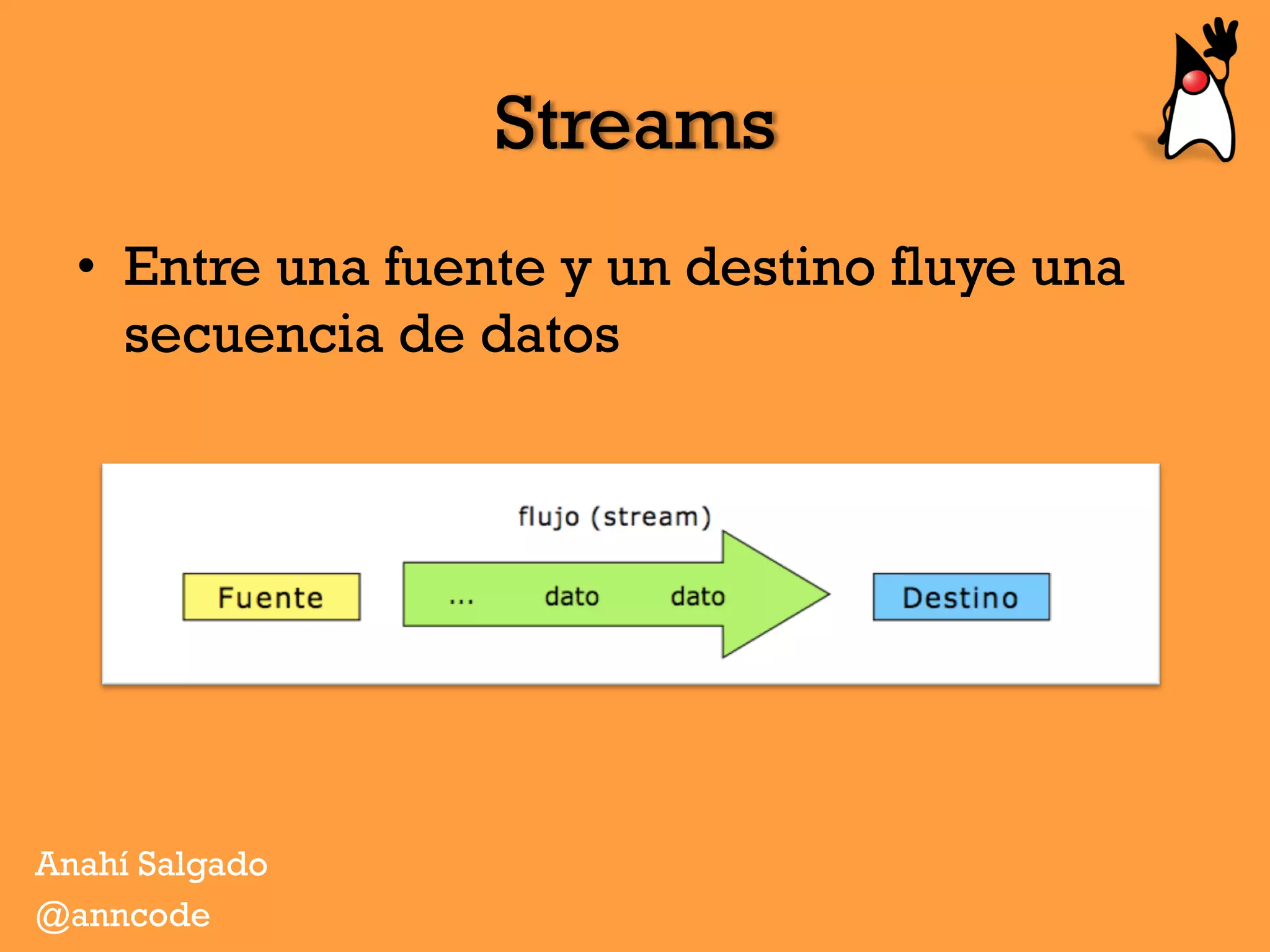 Streams
•  Entre una fuente y un destino fluye una
secuencia de datos
Anahí Salgado
@anncode
 