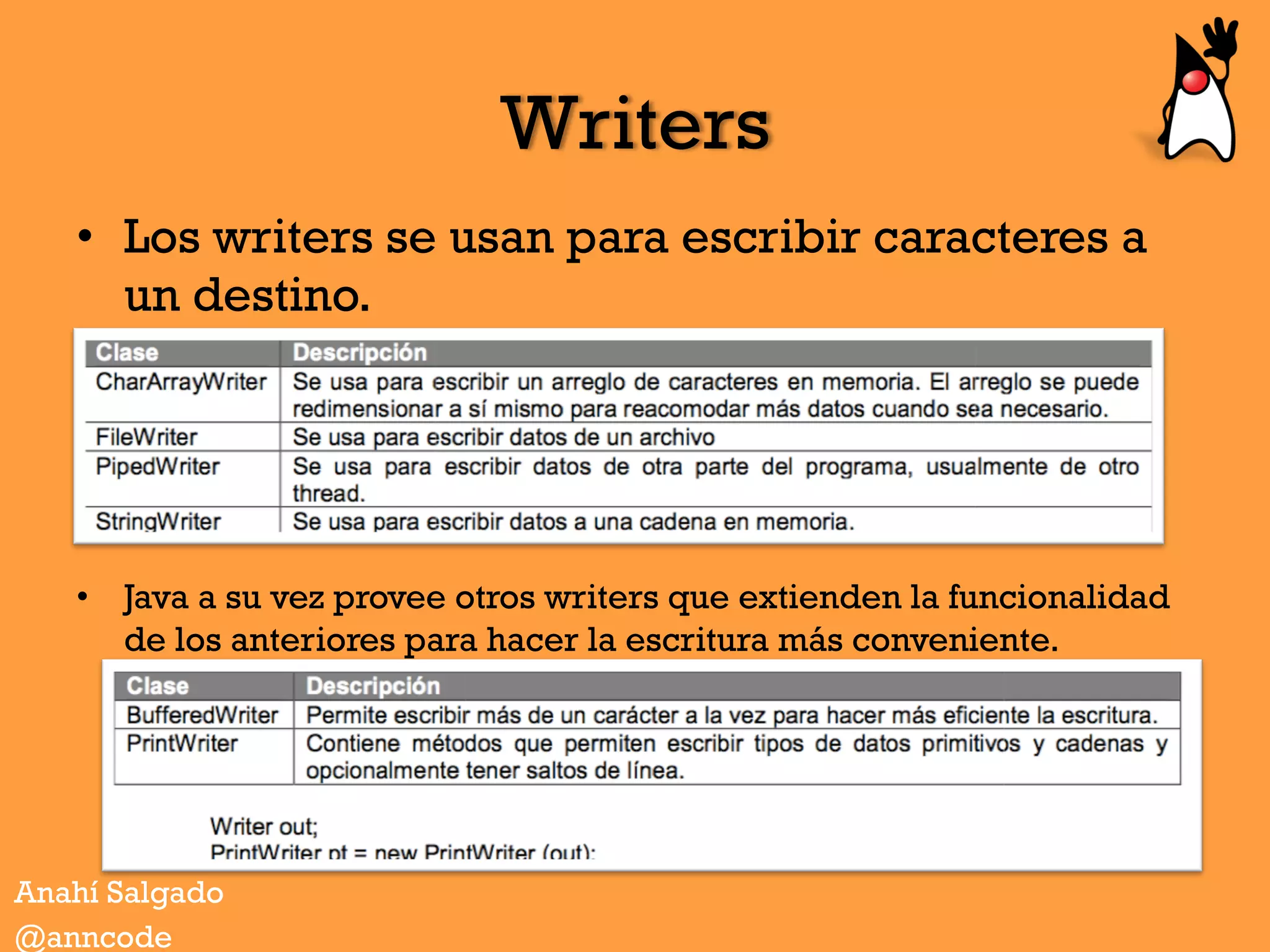 Writers
•  Los writers se usan para escribir caracteres a
un destino.
•  Java a su vez provee otros writers que extienden la funcionalidad
de los anteriores para hacer la escritura más conveniente.
Anahí Salgado
@anncode
 