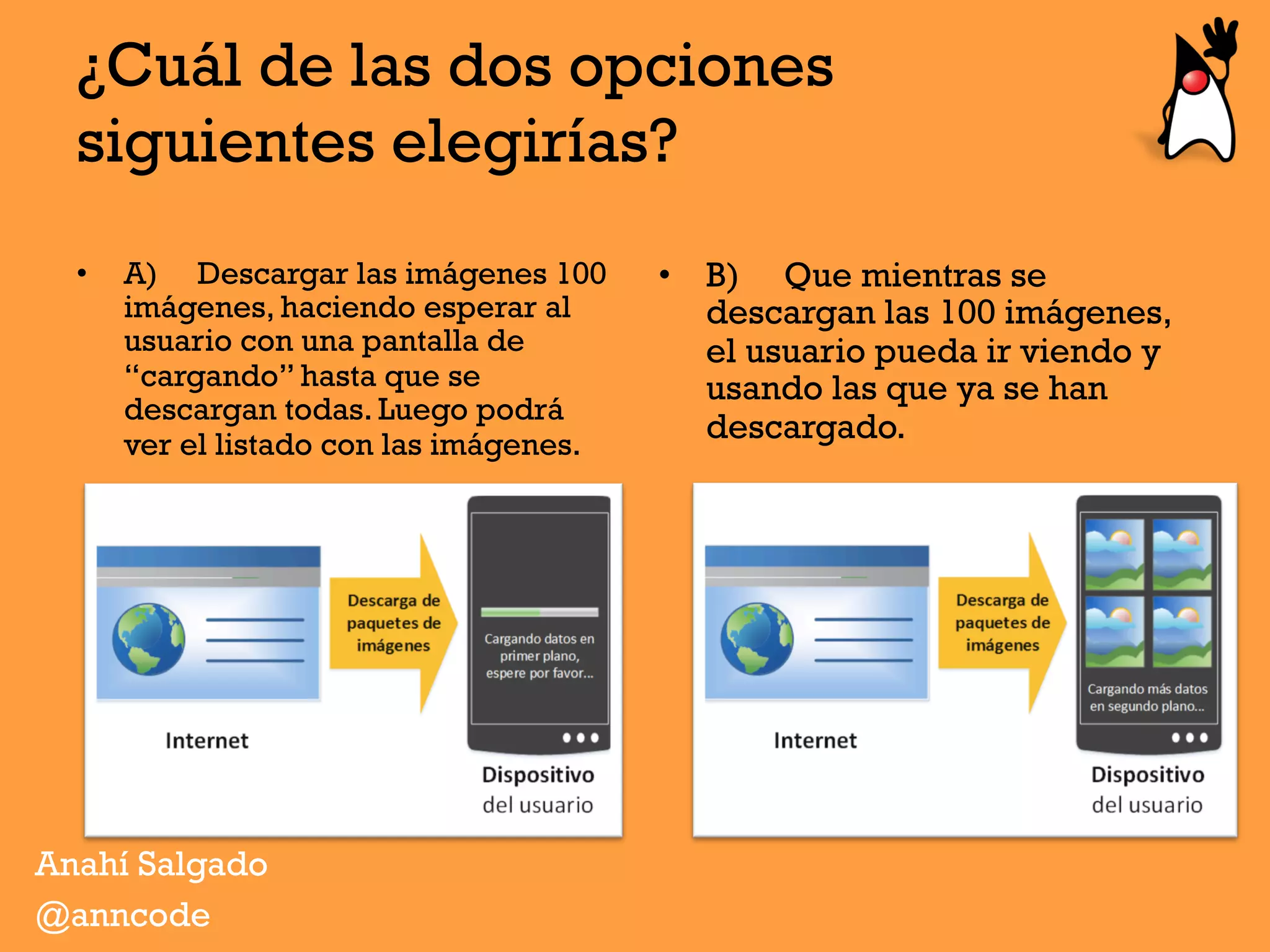 ¿Cuál de las dos opciones
siguientes elegirías?
•  A) Descargar las imágenes 100
imágenes, haciendo esperar al
usuario con una pantalla de
“cargando” hasta que se
descargan todas. Luego podrá
ver el listado con las imágenes.
•  B) Que mientras se
descargan las 100 imágenes,
el usuario pueda ir viendo y
usando las que ya se han
descargado.
Anahí Salgado
@anncode
 