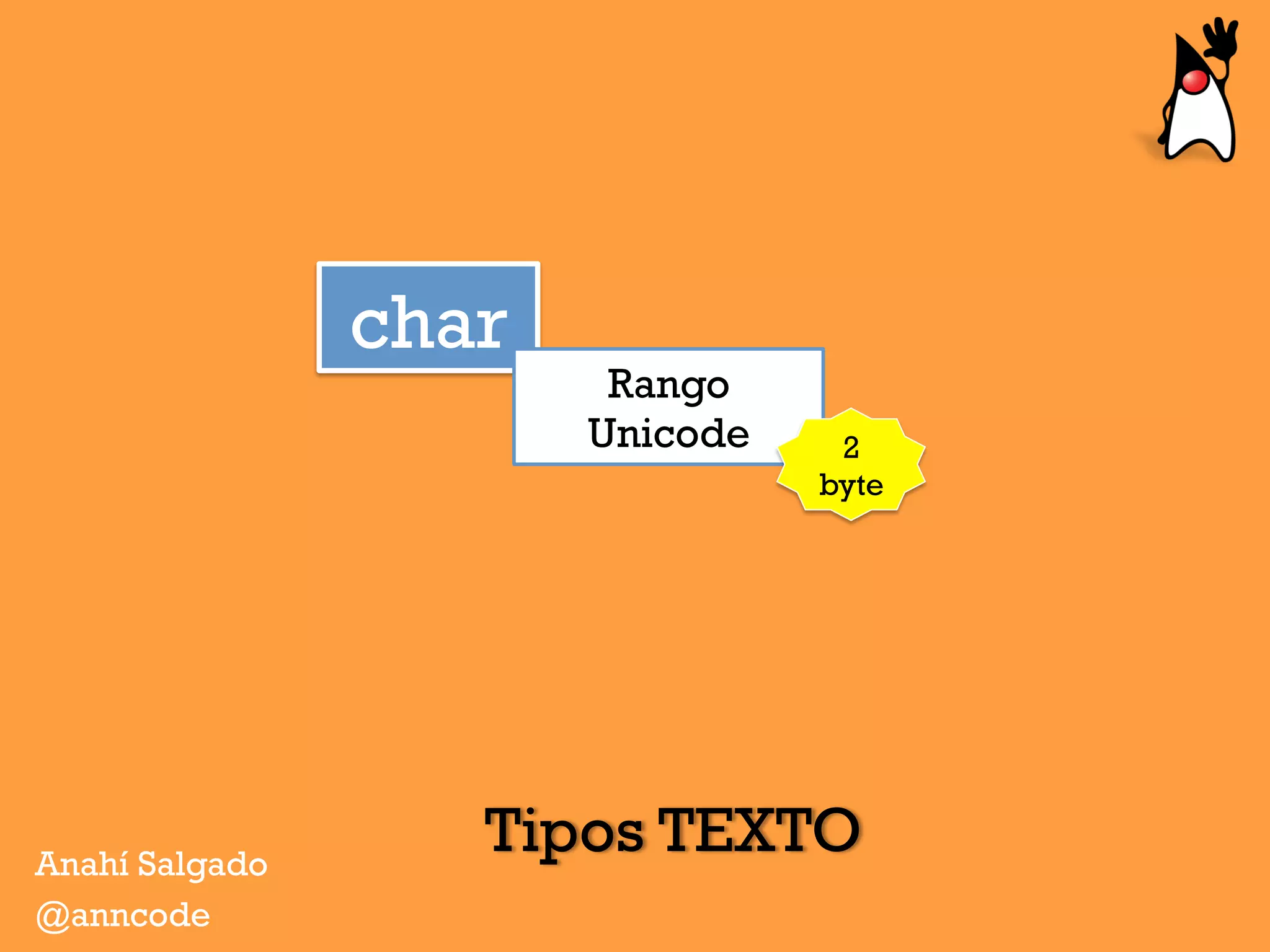 Tipos TEXTOAnahí Salgado
@anncode
char
Rango
Unicode 2
byte
 