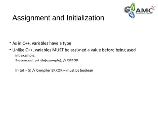 Assignment and Initialization
• As in C++, variables have a type
• Unlike C++, variables MUST be assigned a value before being used
int example;
System.out.println(example); // ERROR
if (tot = 5) // Compiler ERROR – must be boolean
 