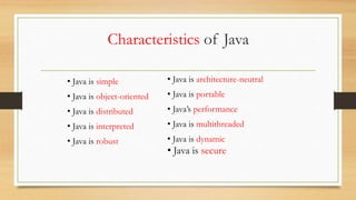 Characteristics of Java
• Java is architecture-neutral
• Java is portable
• Java’s performance
• Java is multithreaded
• Java is dynamic
• Java is secure
• Java is simple
• Java is object-oriented
• Java is distributed
• Java is interpreted
• Java is robust
 