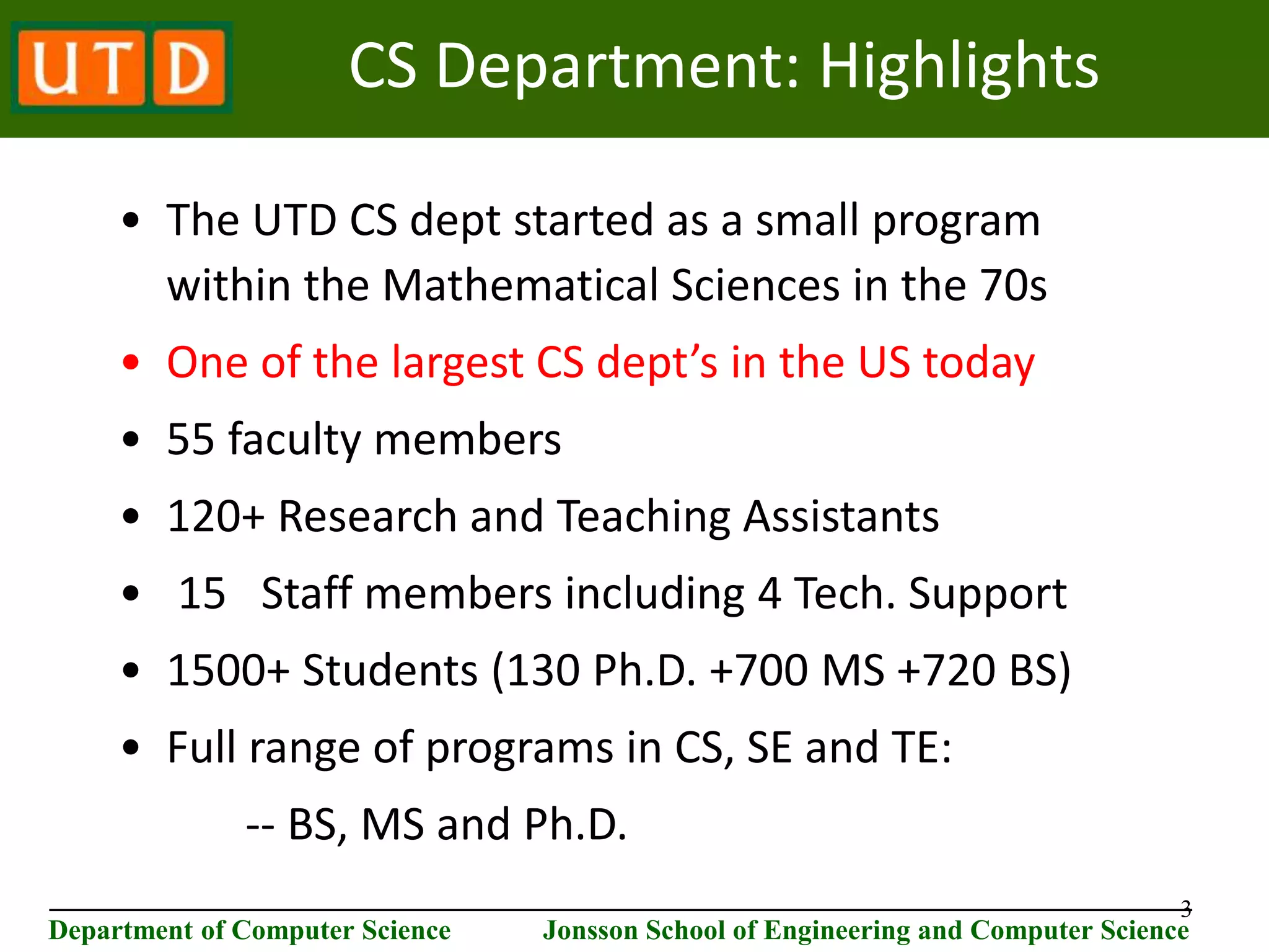 3 ________________________________________________________________________ Department of Computer Science Jonsson School of Engineering and Computer Science CS Department: Highlights • The UTD CS dept started as a small program within the Mathematical Sciences in the 70s • One of the largest CS dept’s in the US today • 55 faculty members • 120+ Research and Teaching Assistants • 15 Staff members including 4 Tech. Support • 1500+ Students (130 Ph.D. +700 MS +720 BS) • Full range of programs in CS, SE and TE: -- BS, MS and Ph.D. 