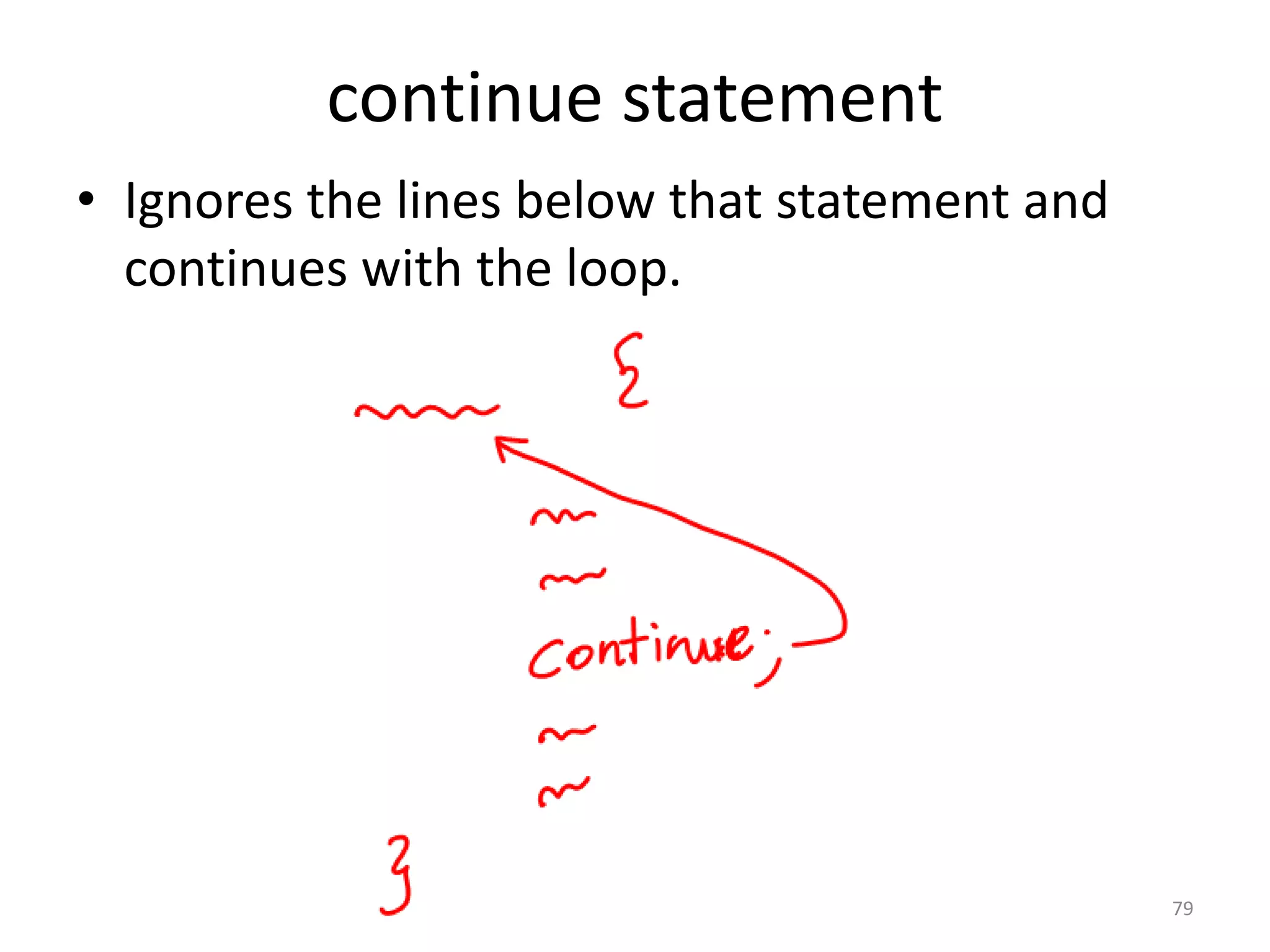continue statement • Ignores the lines below that statement and continues with the loop. 79 