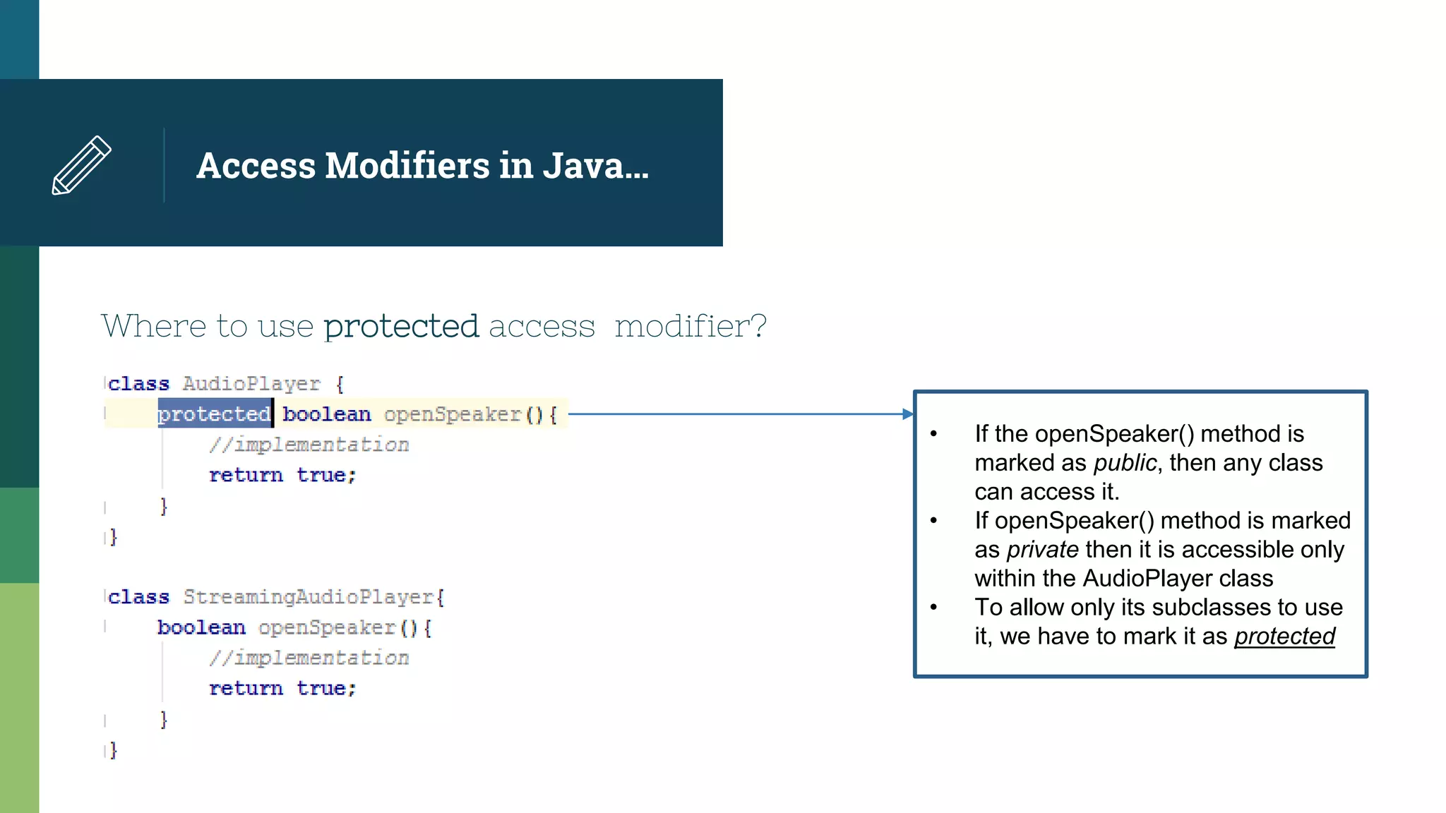 Access Modifiers in Java…
Where to use protected access modifier?
• If the openSpeaker() method is
marked as public, then any class
can access it.
• If openSpeaker() method is marked
as private then it is accessible only
within the AudioPlayer class
• To allow only its subclasses to use
it, we have to mark it as protected
 