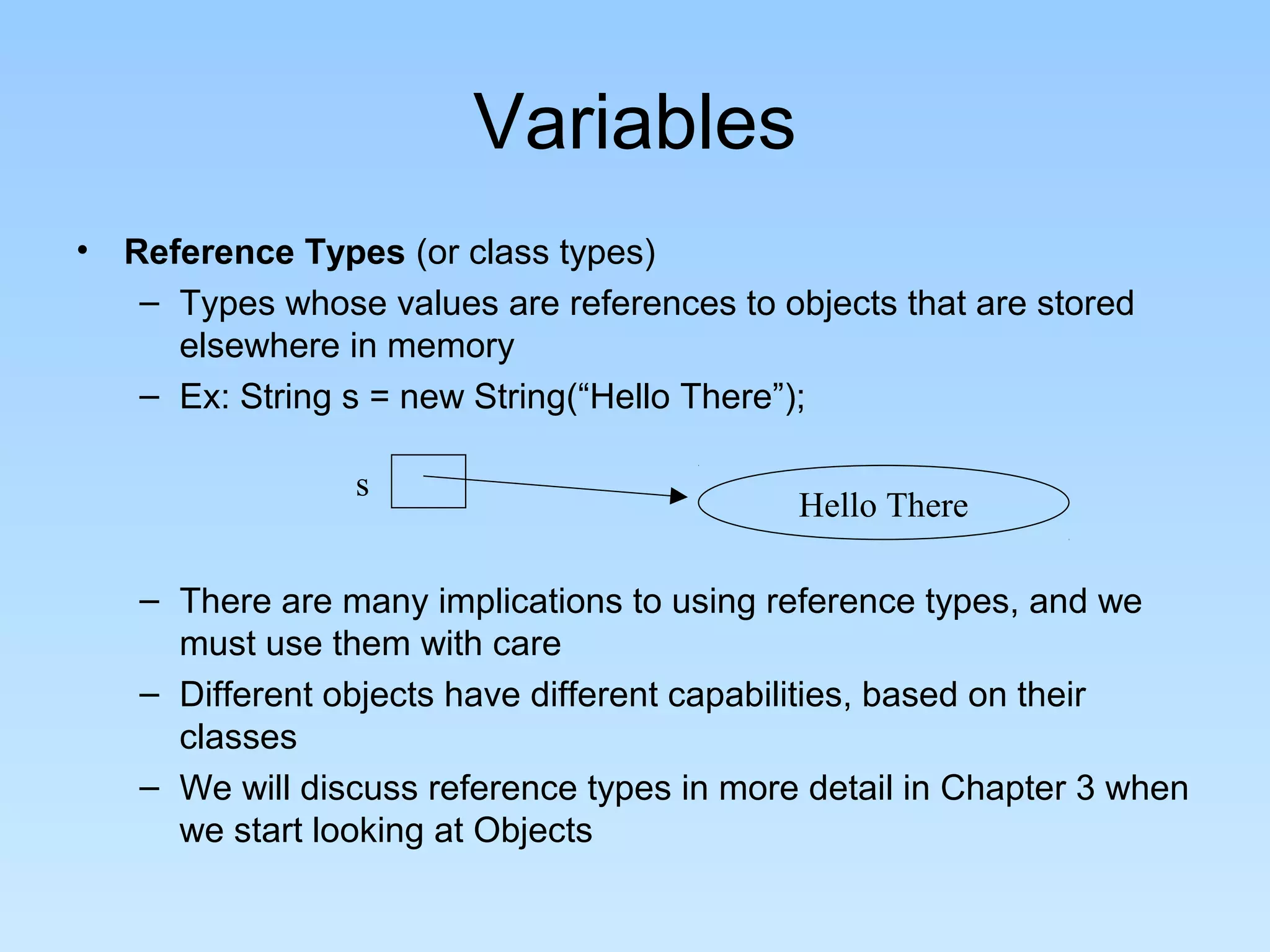 Variables • Reference Types (or class types) – Types whose values are references to objects that are stored elsewhere in memory – Ex: String s = new String(“Hello There”); – There are many implications to using reference types, and we must use them with care – Different objects have different capabilities, based on their classes – We will discuss reference types in more detail in Chapter 3 when we start looking at Objects s Hello There 