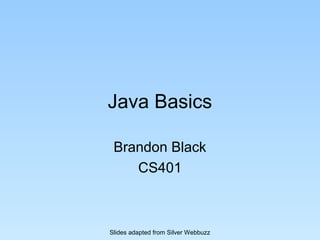 Java Basics
Brandon Black
CS401
Slides adapted from Silver Webbuzz
 