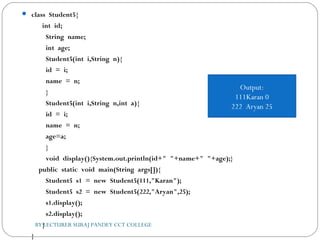  class Student5{  
   int id;  
    String name;  
    int age;  
    Student5(int i,String n){  
    id = i;  
    name = n;  
    }  
    Student5(int i,String n,int a){  
    id = i;  
    name = n;  
    age=a;  
    }  
    void display(){System.out.println(id+" "+name+" "+age);}     
  public static void main(String args[]){  
    Student5 s1 = new Student5(111,"Karan");  
    Student5 s2 = new Student5(222,"Aryan",25);  
    s1.display();  
    s2.display();  
   }  
}  
Output:
111Karan 0
222 Aryan 25
BY LECTURER SURAJ PANDEY CCT COLLEGE
 