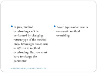 In java, method
overloading can't be
performed by changing
return type of the method
only. Return type can be same
or different in method
overloading. But you must
have to change the
parameter
Return type must be same or
covariantin method
overriding.
BY LECTURER SURAJ PANDEY CCT COLLEGE
 