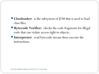 Classloader: is the subsystem of JVM that is used to load
class files.
Bytecode Verifier: checks the code fragments for illegal
code that can violate access right to objects.
Interpreter: read bytecode stream then execute the
instructions.
BY LECTURER SURAJ PANDEY CCT COLLEGE
 