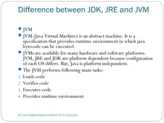 Difference between JDK, JRE and JVM
JVM
JVM (Java Virtual Machine) is an abstract machine. It is a
specification that provides runtime environment in which java
bytecode can be executed.
JVMs are available for many hardware and software platforms.
JVM, JRE and JDK are platform dependent because configuration
of each OS differs. But, Java is platform independent.
The JVM performs following main tasks:
1. Loads code
2. Verifies code
3. Executes code
4. Provides runtime environment
BY LECTURER SURAJ PANDEY CCT COLLEGE
 