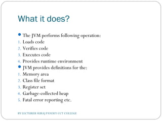 What it does?
The JVM performs following operation:
1. Loads code
2. Verifies code
3. Executes code
4. Provides runtime environment
JVM provides definitions for the:
1. Memory area
2. Class file format
3. Register set
4. Garbage-collected heap
5. Fatal error reporting etc.
BY LECTURER SURAJ PANDEY CCT COLLEGE
 