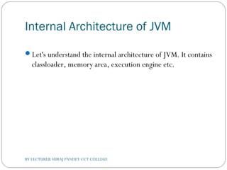 Internal Architecture of JVM
Let's understand the internal architecture of JVM. It contains
classloader, memory area, execution engine etc.
BY LECTURER SURAJ PANDEY CCT COLLEGE
 