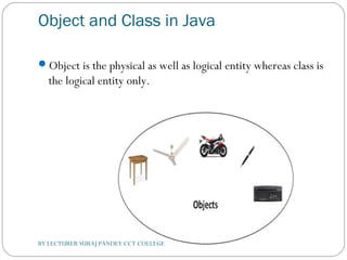 Object and Class in Java
Object is the physical as well as logical entity whereas class is
the logical entity only.
BY LECTURER SURAJ PANDEY CCT COLLEGE
 