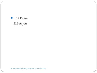  111 Karan
222 Aryan
BY LECTURER SURAJ PANDEY CCT COLLEGE
 