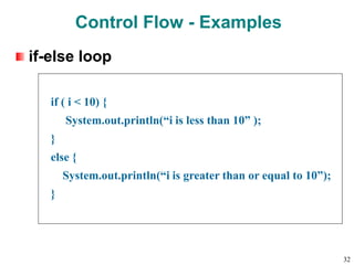 if-else loop
if ( i < 10) {
System.out.println(“i is less than 10” );
}
else {
System.out.println(“i is greater than or equal to 10”);
}
Control Flow - Examples
32
 
