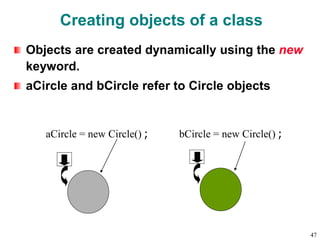 Creating objects of a class
Objects are created dynamically using the new
keyword.
aCircle and bCircle refer to Circle objects
bCircle = new Circle() ;
aCircle = new Circle() ;
47
 
