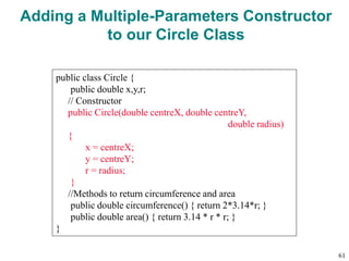 Adding a Multiple-Parameters Constructor
to our Circle Class
public class Circle {
public double x,y,r;
// Constructor
public Circle(double centreX, double centreY,
double radius)
{
x = centreX;
y = centreY;
r = radius;
}
//Methods to return circumference and area
public double circumference() { return 2*3.14*r; }
public double area() { return 3.14 * r * r; }
}
61
 