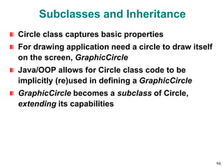 Subclasses and Inheritance
Circle class captures basic properties
For drawing application need a circle to draw itself
on the screen, GraphicCircle
Java/OOP allows for Circle class code to be
implicitly (re)used in defining a GraphicCircle
GraphicCircle becomes a subclass of Circle,
extending its capabilities
94
 